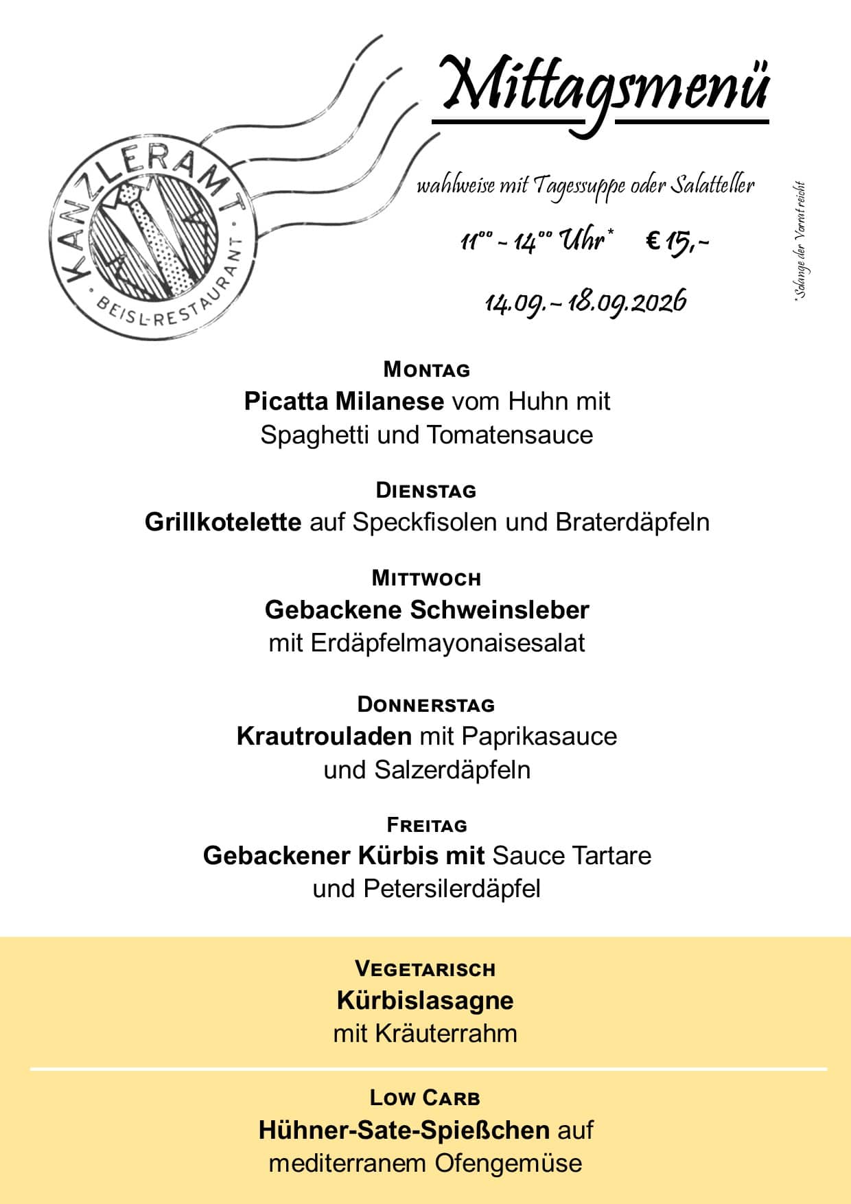Mittagsmenü 14.09.2026
