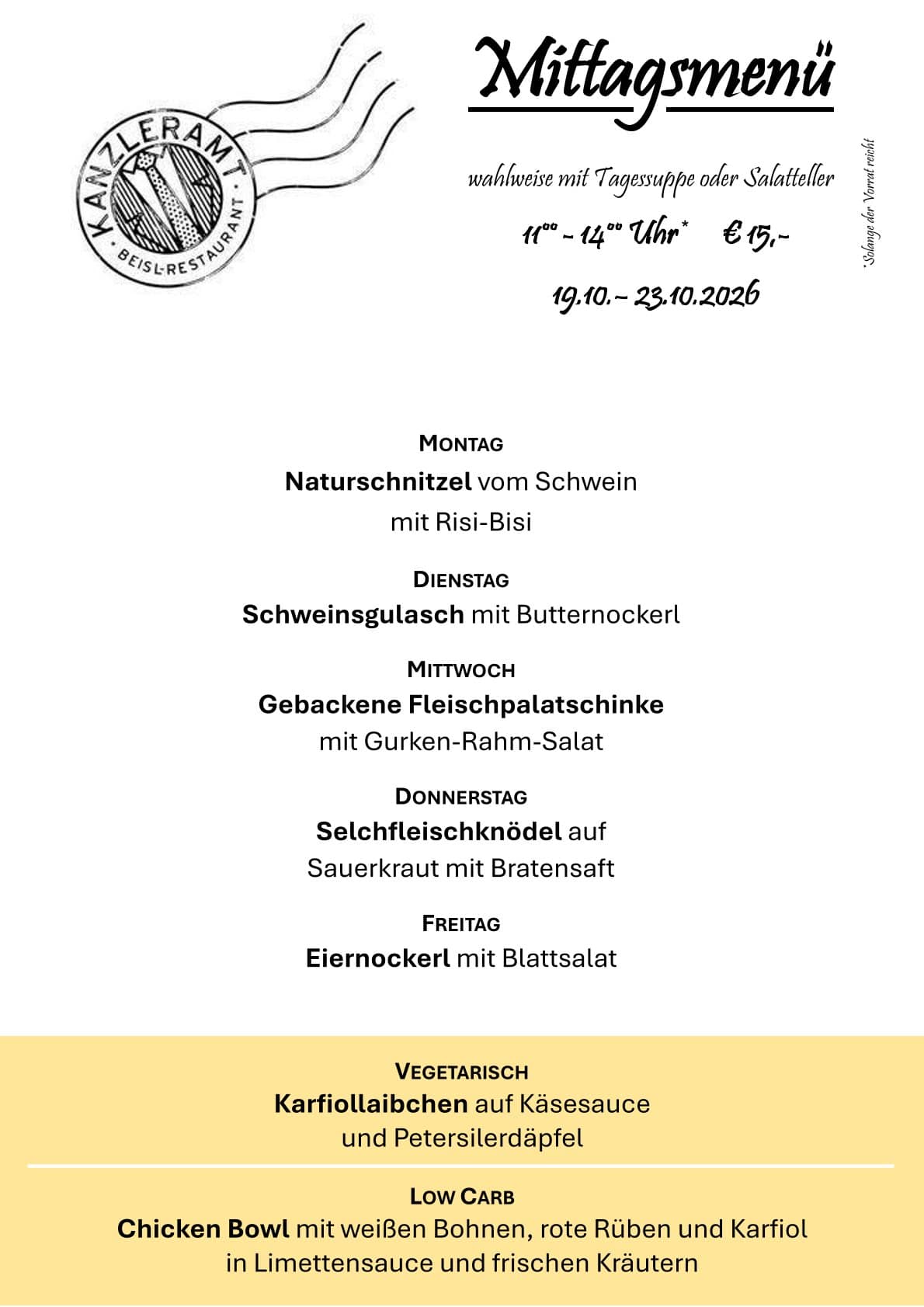 Mittagsmenü 19.10.2026